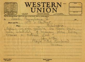 Western Union Telegram from James McBey to the Pennsylvania Trust Company (Legal Documents Belonging to James McBey)