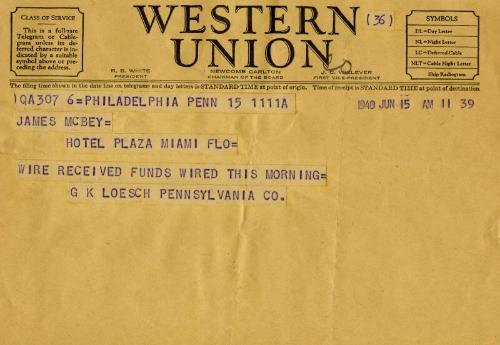 Western Union Telegram from the Pennsylvania Trust Company to James McBey (Legal Documents Belonging to James McBey)