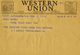 Western Union Telegram from the Pennsylvania Trust Company to James McBey (Legal Documents Belonging to James McBey)