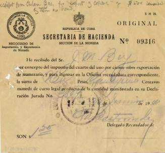 Banking Receipt From the Cuban Government to James McBey (Legal Documents Belonging to James McBey)