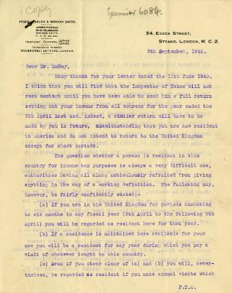 Letter From Powell, Skues, and Graham Smith to James McBey (Legal Documents Belonging to James McBey)