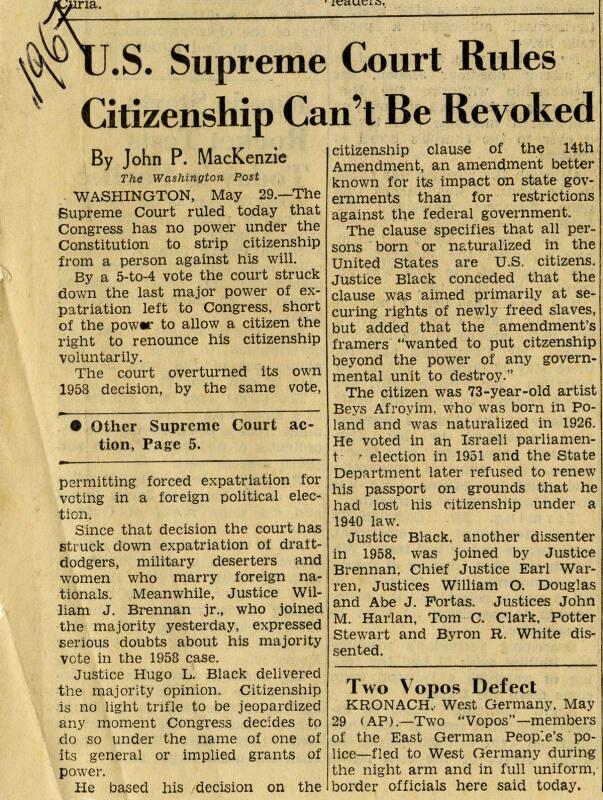 U.S. Supreme Court Rules Citizenship Can't Be Revoked (Legal Documents Belonging to James McBey)