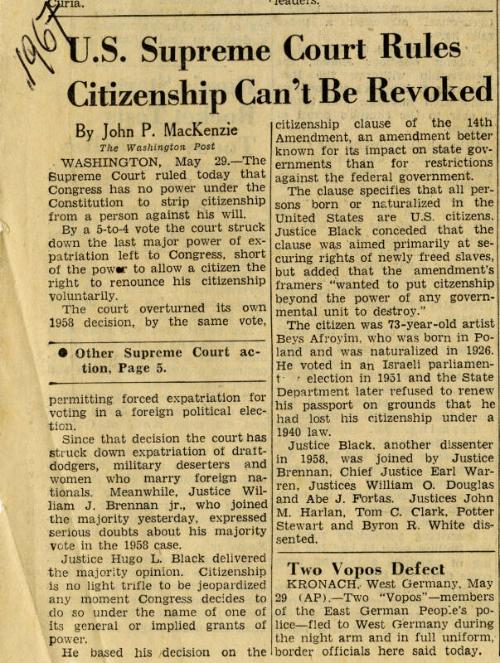 U.S. Supreme Court Rules Citizenship Can't Be Revoked (Legal Documents Belonging to James McBey)