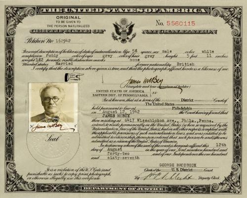 United States of America Certificate of Naturalization No.5560115 (Legal Documents Belonging to James McBey)