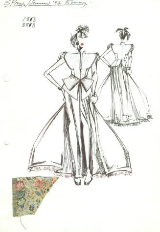 Drawing of Brocade Jacket and Skirt for Spring/Summer 1984 Evening Collection with Fabric Swatc…