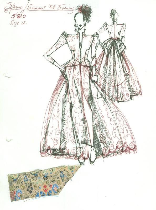 Drawing of Brocade Gown for Spring/Summer 1984 Evening Collection with Fabric Swatch