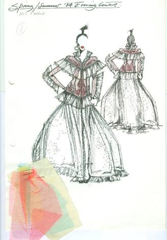 Drawing of Gown for Spring/Summer 1984 Evening Couture Collection with Fabric Swatches