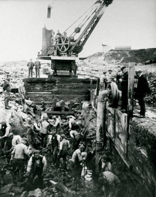 Construction of Girdleness Outfall Scheme, Workers Digging Trench