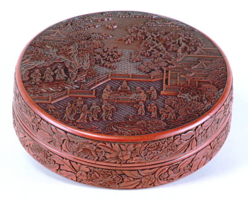 Chinese Circular Cinnabar Lacquer Box and Cover on Stand