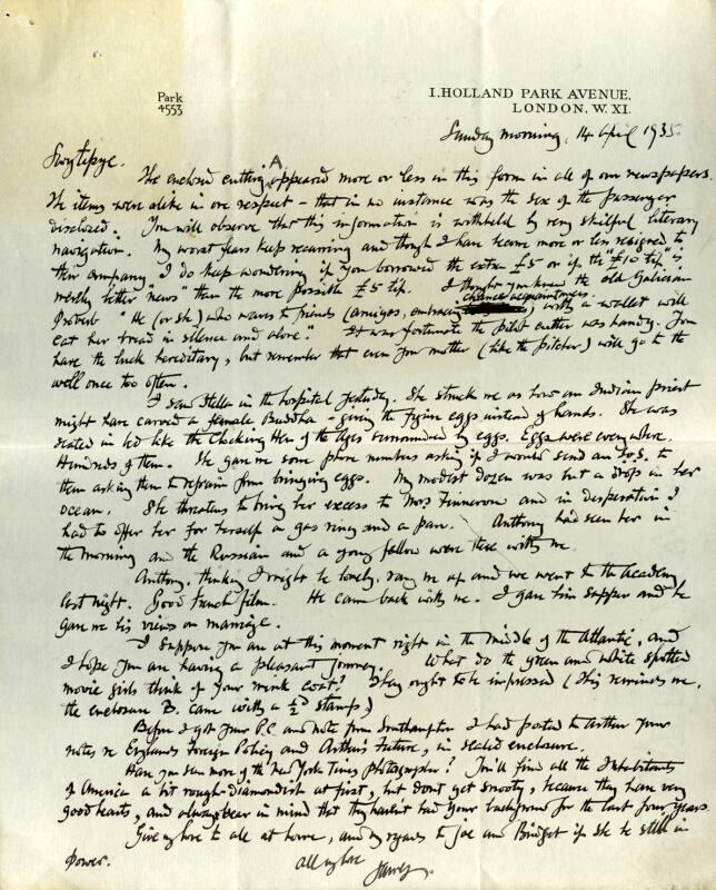 Correspondence from James McBey to Marguerite McBey