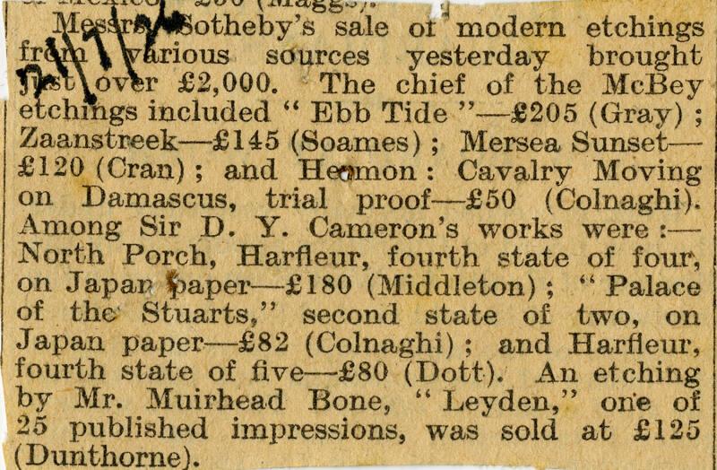 Sale of Modern Etchings (Press Cuttings Related to James McBey)