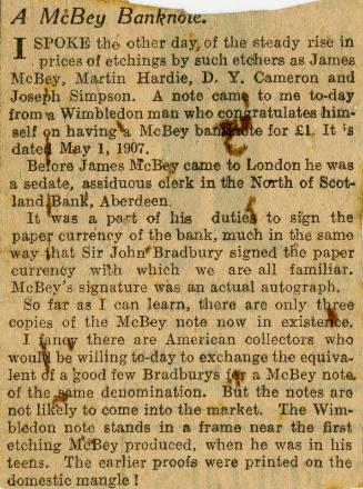 A McBey Banknote (Press Cuttings Related to James McBey)