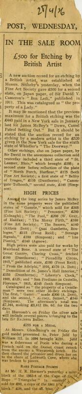 In the Sale Room: £500 for Etching by British Artist (Press Cuttings Related to James McBey)