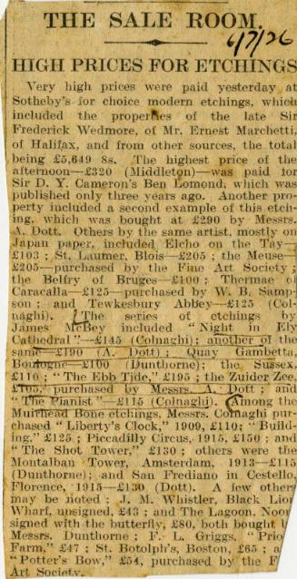 The Sale Room: High Prices for Etchings (Press Cuttings Related to James McBey)