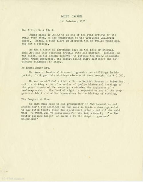 Daily Graphic, 6th October 1921 (Press Cuttings Related to James McBey)