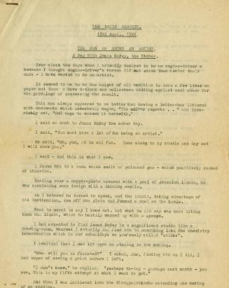 The Fun of Being an Artist: A Day with James McBey, the Etcher (Press Cuttings Related to James McBey)