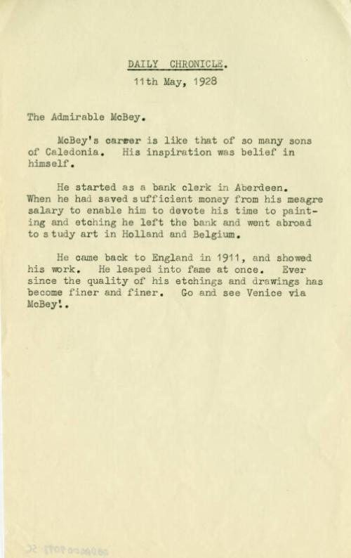 The Admirable McBey (Press Cuttings Related to James McBey)