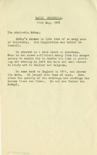 The Admirable McBey (Press Cuttings Related to James McBey)