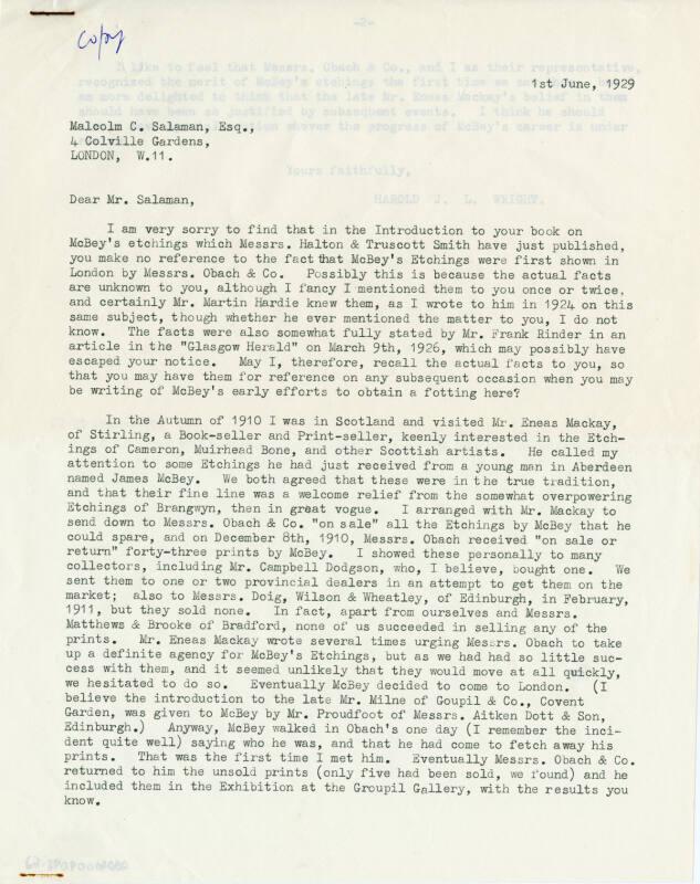 Letter to Malcolm C. Salaman (Press Cuttings Related to James McBey)