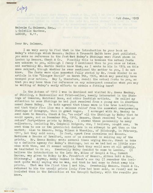 Letter to Malcolm C. Salaman (Press Cuttings Related to James McBey)