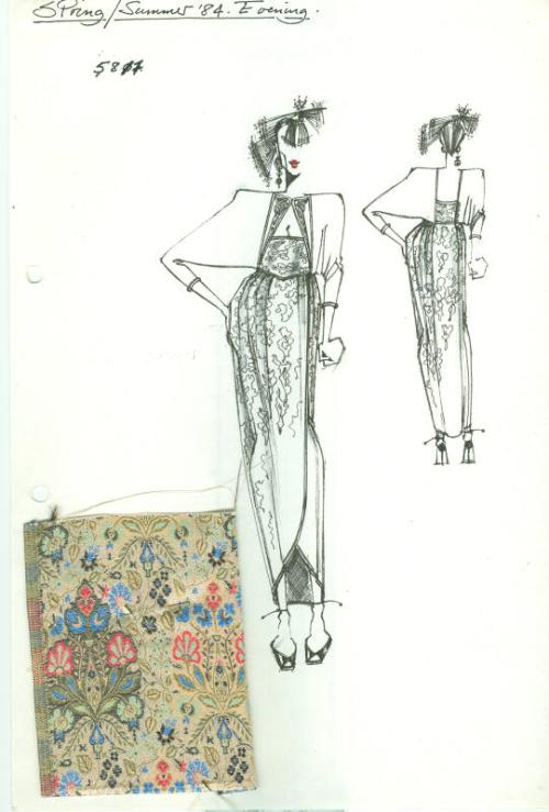 Drawing of Dress for Spring/Summer 1984 Evening Collection with Fabric Swatch