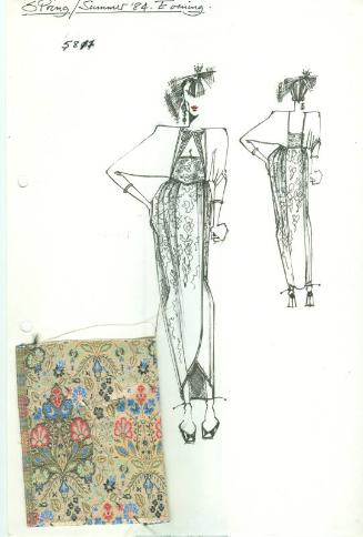 Drawing of Dress for Spring/Summer 1984 Evening Collection with Fabric Swatch