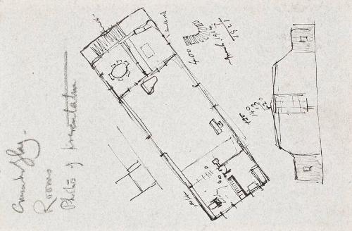 recto: Aerial Sketch and profile view of building, verso: Camel, rider and tree - leaf from Sketchbook - War