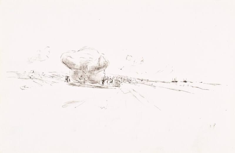 Barrage balloon on road - leaf from Sketchbook - War