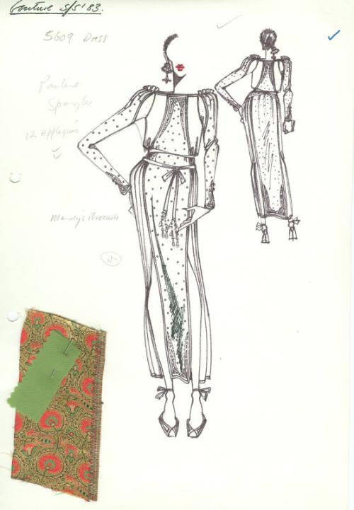 Drawing of Spangled Couture Gown with Fabric Swatches for Spring/Summer 1983 Collection