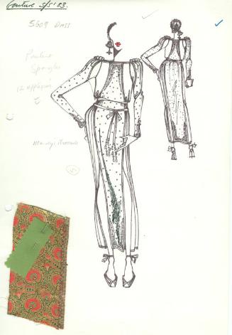 Drawing of Spangled Couture Gown with Fabric Swatches for Spring/Summer 1983 Collection