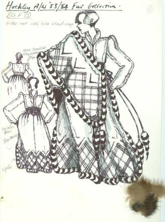 Drawing of Fur Coat with Shawl Wrap and Fur Swatches for Hockley Autumn/Winter 1983/84 Fur Coll…