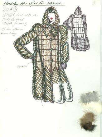 Drawing of Hooded Fur Duffle Coat with Fur Swatches for Hockley Autumn/Winter 1983/84 Fur Colle…