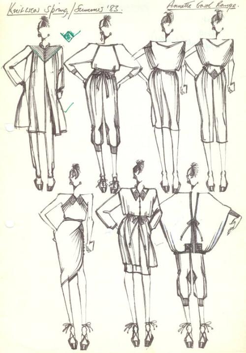 Multidrawing of Dresses and Trouser Suits for Spring/Summer 1983 Knitwear Collection