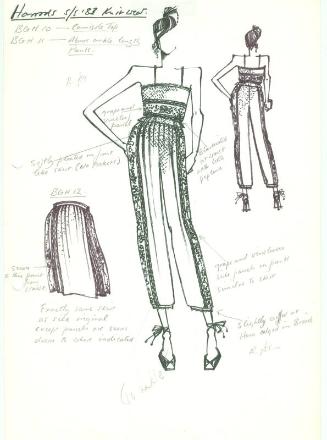Drawing of Camisole Top, Trousers and Skirt for Harrods Spring/Summer 1983 Knitwear Collection