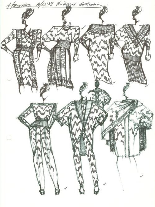 Multidrawing of Dresses, Tops and Trousers for Harrods Autumn/Winter 1983 Knitwear Collection
