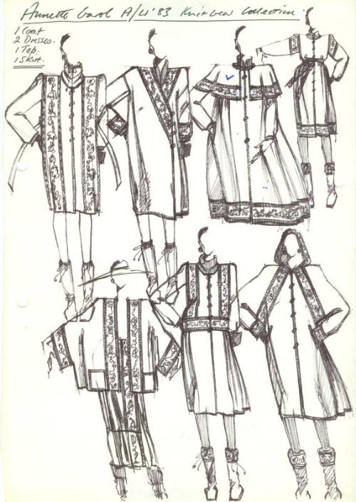 Multidrawing of Coats, Dress, Top and Skirt for Annette Carol Autumn/Winter 1983 Knitwear Colle…