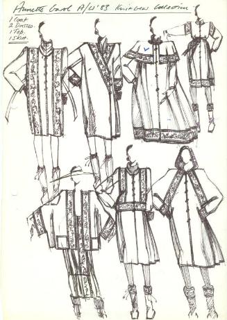 Multidrawing of Coats, Dress, Top and Skirt for Annette Carol Autumn/Winter 1983 Knitwear Colle…