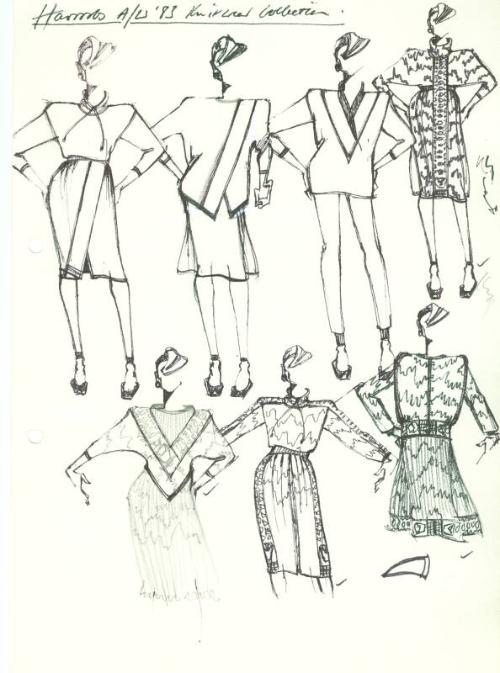 Multidrawing of Dresses, Tops, Skirts and Trousers for Harrods Autumn/Winter 1983 Knitwear Coll…