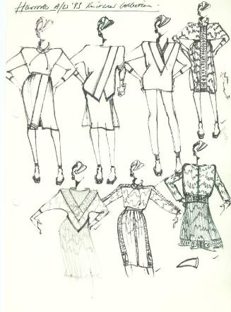 Multidrawing of Dresses, Tops, Skirts and Trousers for Harrods Autumn/Winter 1983 Knitwear Coll…