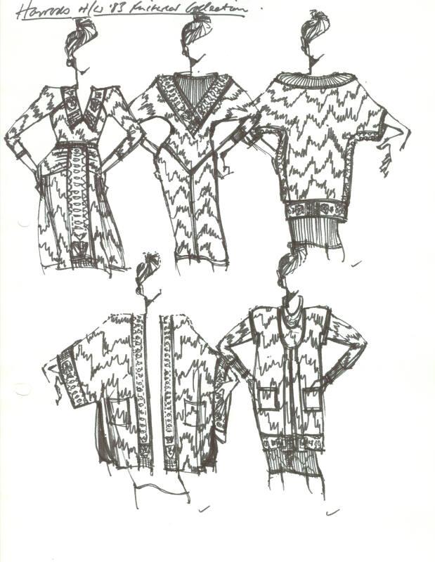 Multidrawing of Dresses, Tops and Skirts for Harrods Autumn/Winter 1983 Knitwear Collection