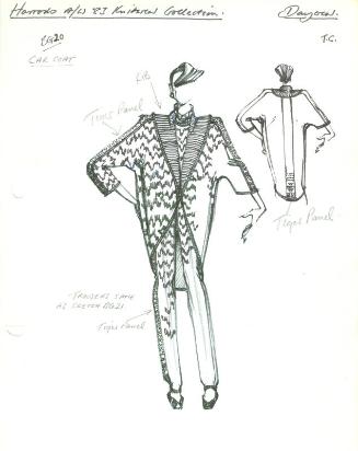 Drawing of Coat and Trousers for Harrods Autumn/Winter 1983 Daywear Knits Collection