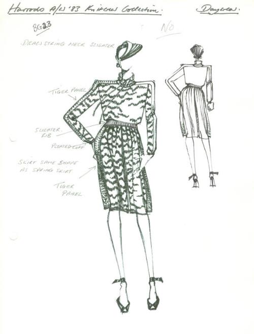 Drawing of Jumper and Skirt for Harrods Autumn/Winter 1983 Daywear Knits Collection