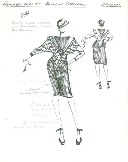 Drawing of Jumper and Skirt for Harrods Autumn/Winter 1983 Daywear Knits Collection