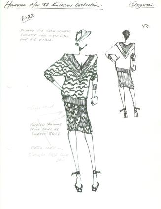 Drawing of Jumper and Skirt for Harrods Autumn/Winter 1983 Daywear Knits Collection