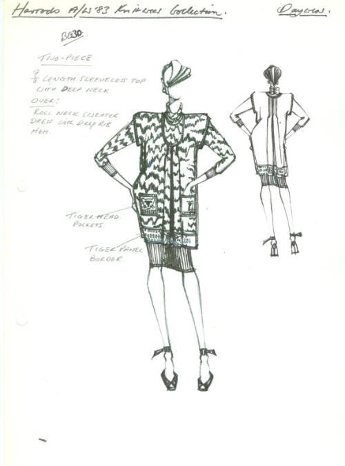 Drawing of Dress and Top for Harrods Autumn/Winter 1983 Daywear Knits Collection