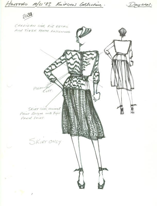 Drawing of Cardigan and Skirt for Harrods Autumn/Winter 1983 Daywear Knits Collection