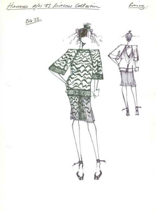 Drawing of Jumper and Skirt for Harrods Autumn/Winter 1983 Evening Knits Collection