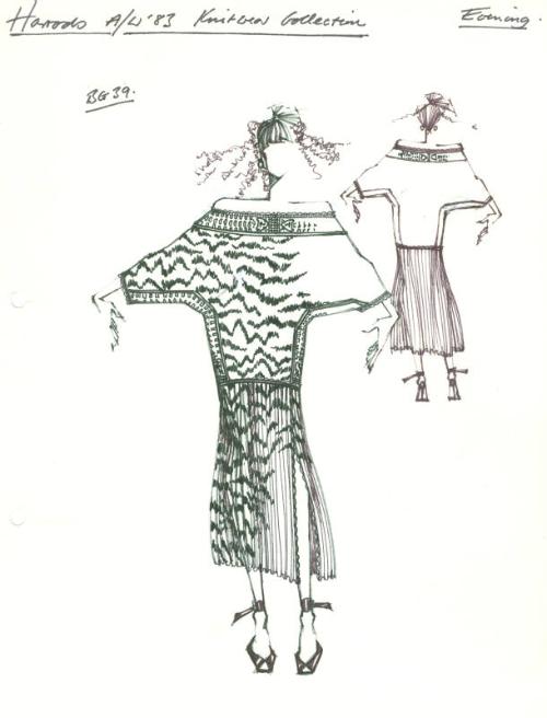 Drawing of Dress for Harrods Autumn/Winter 1983 Evening Knits Collection