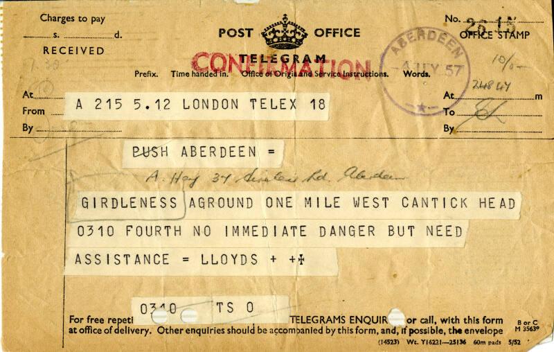 Post Office Telegram relating to stranding of trawler Girdleness