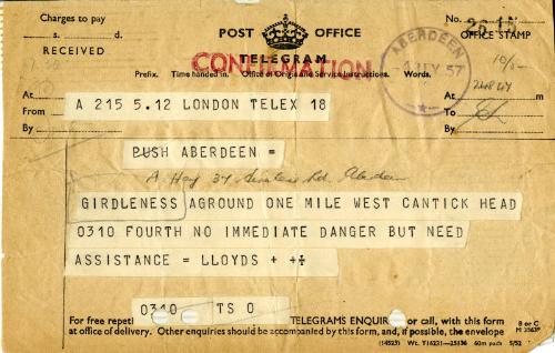 Post Office Telegram relating to stranding of trawler Girdleness